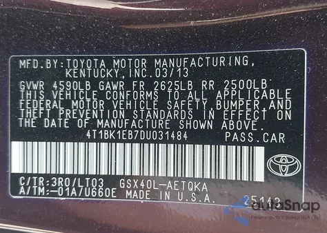 2013 Toyota Avalon Xle Touring from USA, damaged, VIN 4T1BK1EB7DU031484